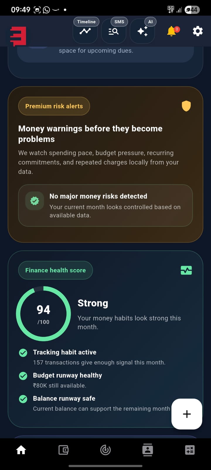 FiscusFlow home dashboard with risk and score