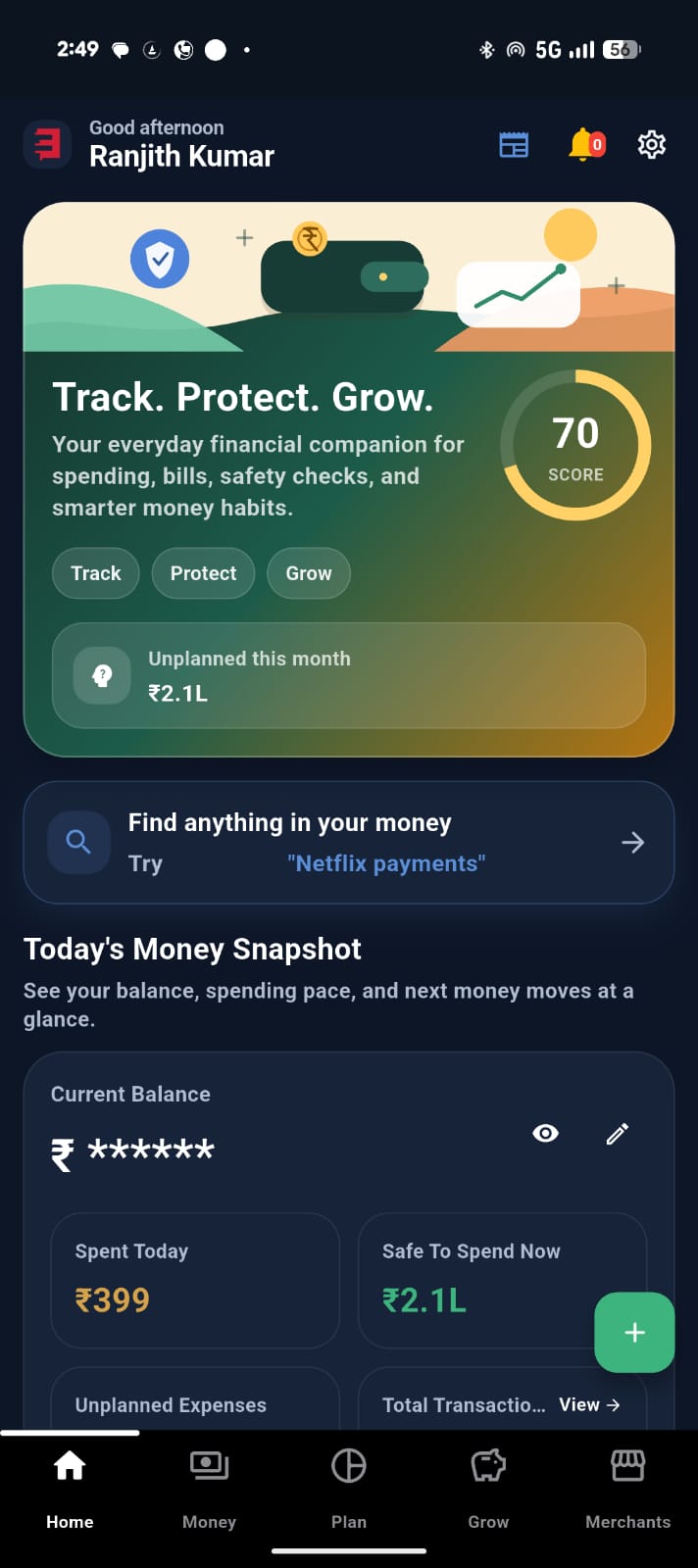FiscusFlow dark companion home dashboard