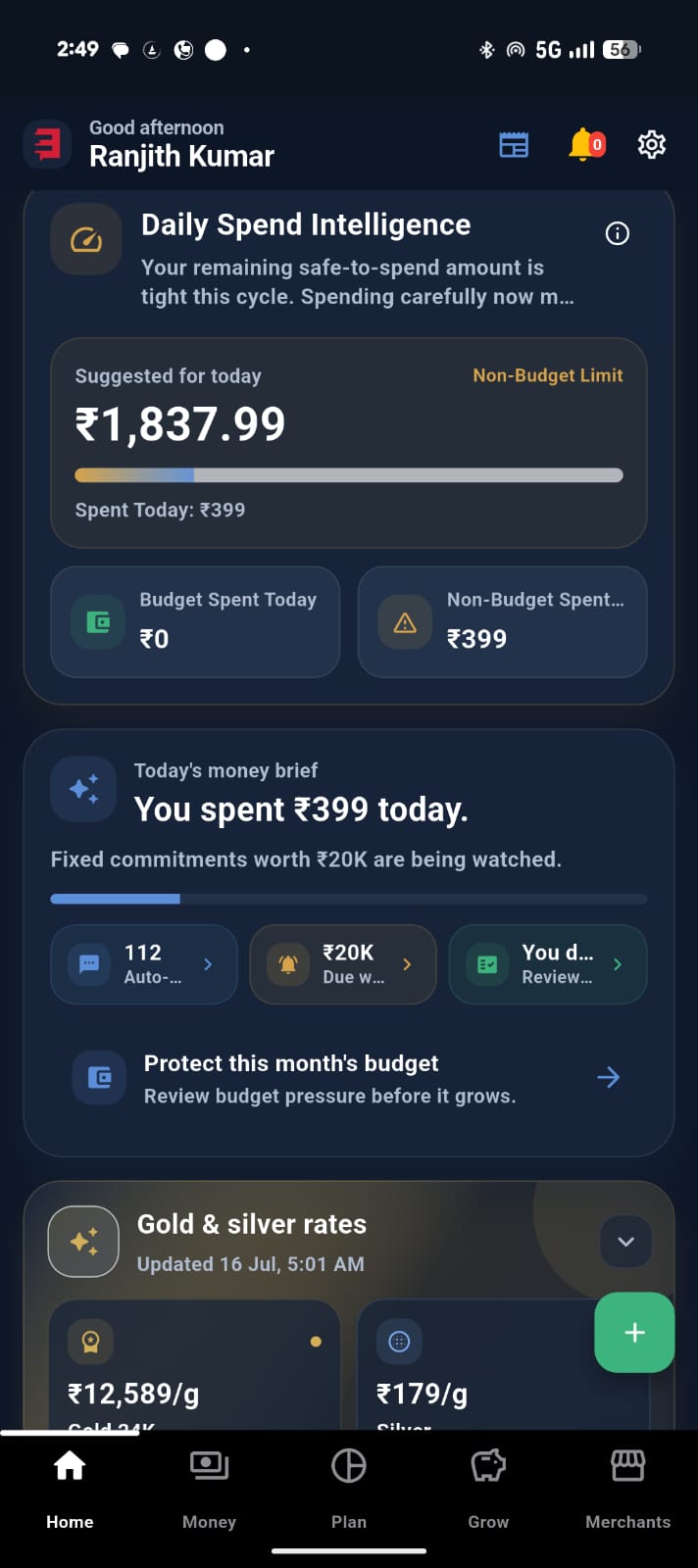 Daily spend intelligence home dashboard