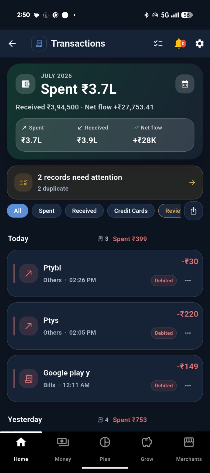 FiscusFlow dark transactions page with duplicate review